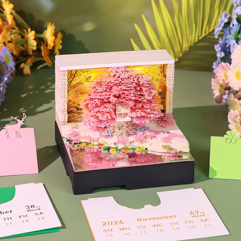 Music Time Piece Calendar 2026 Desk Calendar With Led Light 3D Tear-Away Calendar Paper Carving Art Memo Pad Notepad Christmas