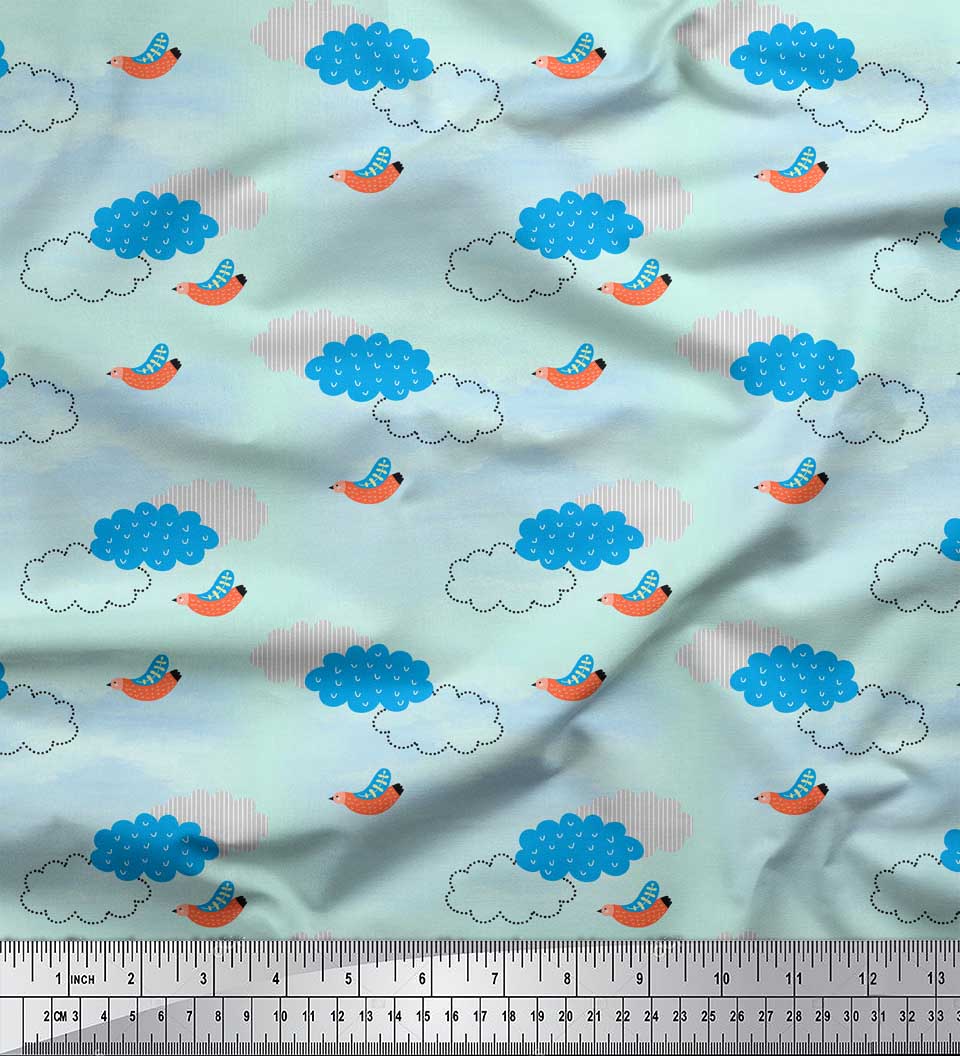 

Soimoi Green Poly Crepe Fabric Clouds & Bird Fabric Prints By Yard 42 Inch 42 Inch Wide - Poly Crepe зелений