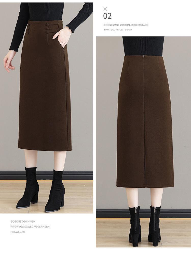 Women's High-Waist Brown Wool Midi Skirt with Slit - Autumn/Winter 2025 Collection