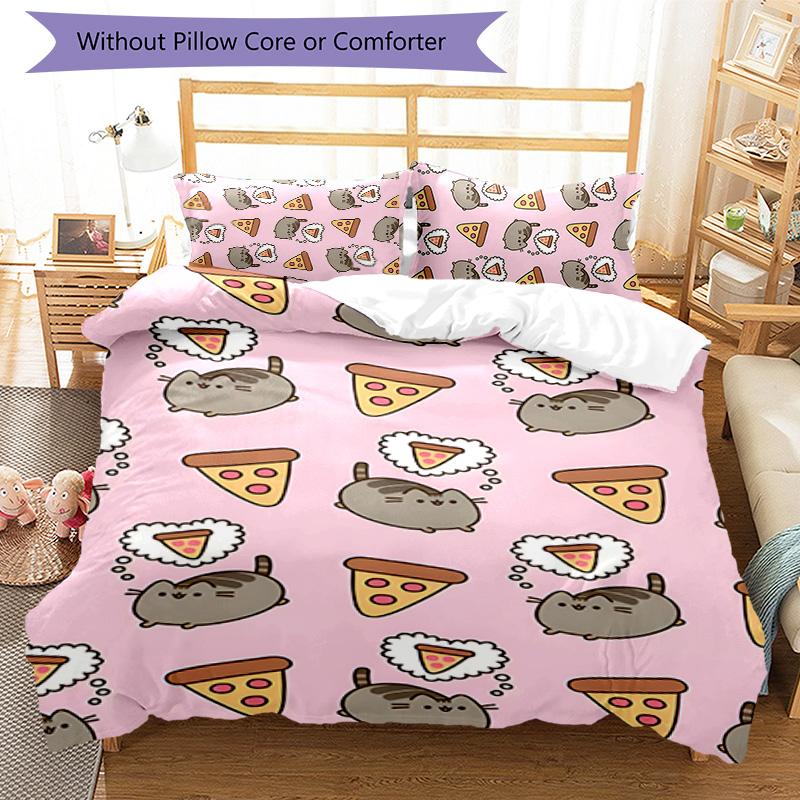3pcs Pusheeen Design Cover Set - HD Printed Bedding with 1 Cover and 2 Pillowcases - Perfect for Home and Dorm Decor