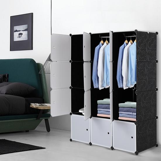12 Cube Organizer Stackable Plastic Cube Storage Shelves Design Multifunctional Modular Closet Cabinet with Hanging Rod White Doors and Black Panels