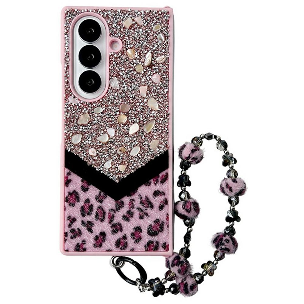 For Samsung Galaxy Z Fold7 5G Case Stone Decor Glitter Leopard Splicing Plush PC Phone Cover with Hand Chain