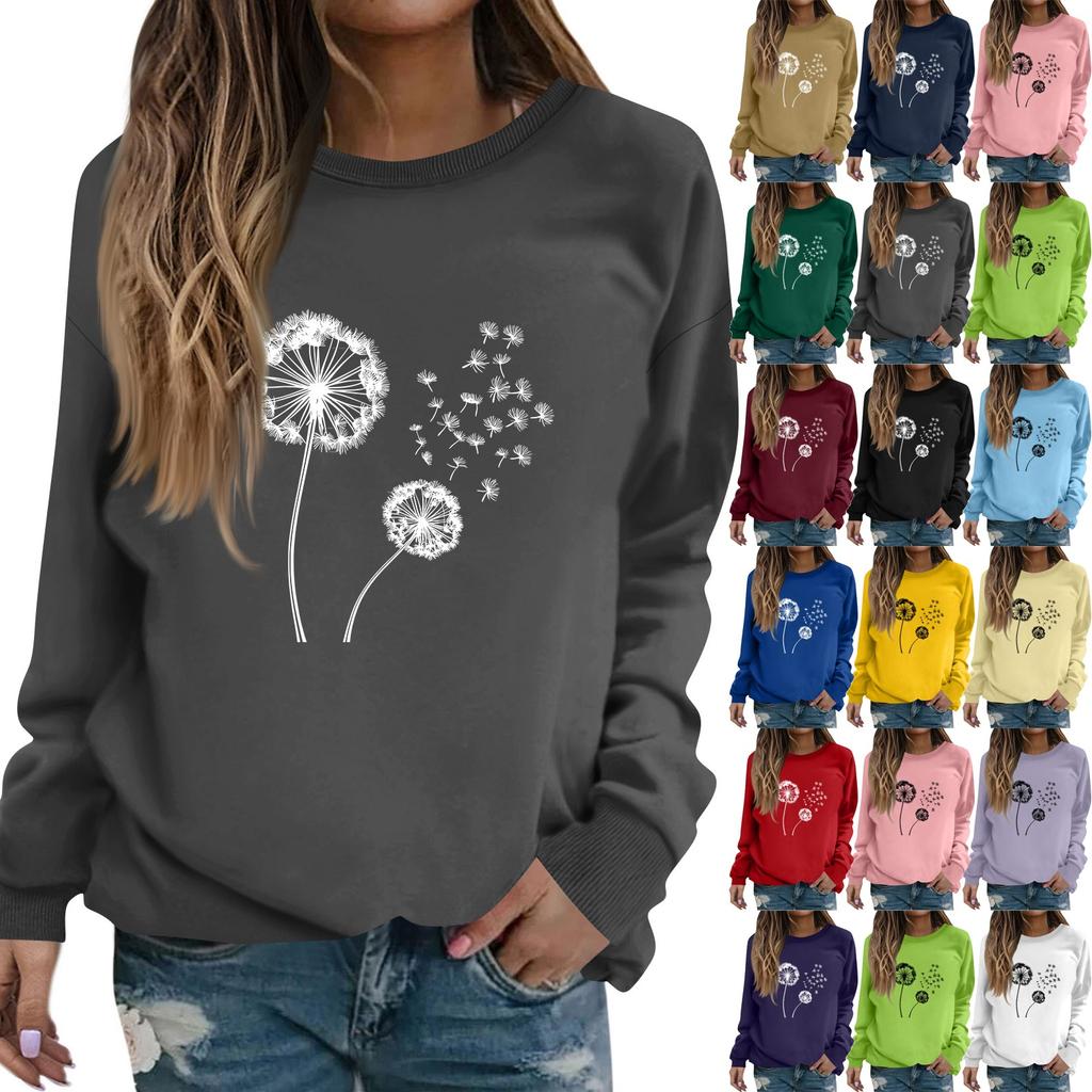 Women's Fashion Casual Long Sleeve Solid Color Printed Round Neck Top Sweatshirt