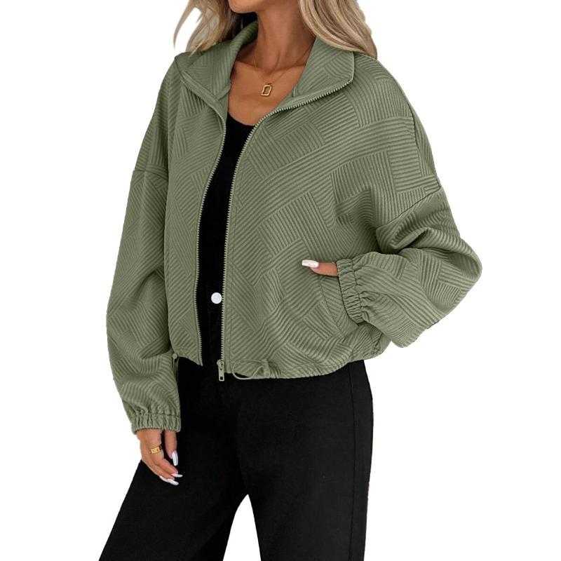 Herbst Winter Stehkragen Einfarbig Lässig Mode Strickjacke Mantel Damen Kordelzug Reißverschluss Jacke Oberteil