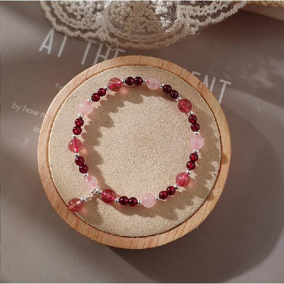 Natural Strawberry Quartz Pink Crystal14K Gold-plated versatile fresh ultra-fine bracelet for women, delicate and sparkling