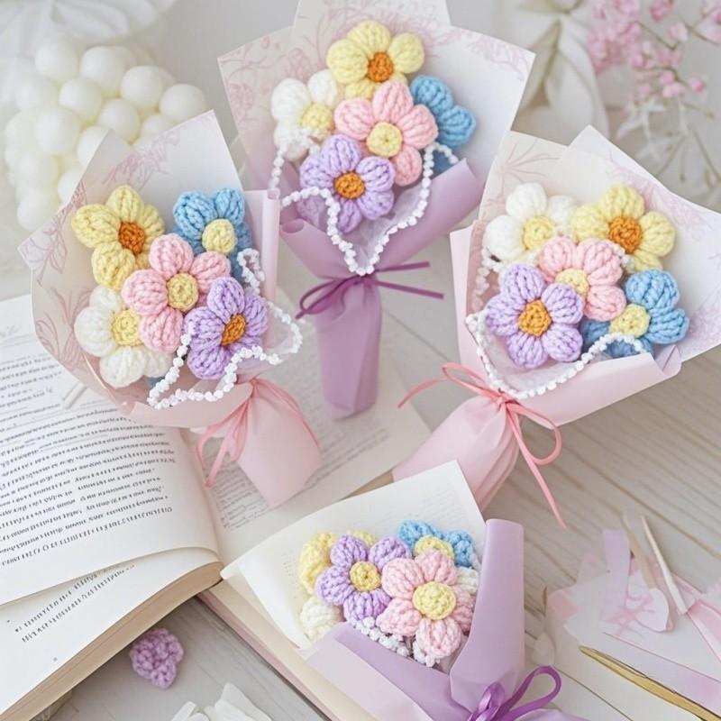 Mini Handmade Knitted Puff Bouquet Mini Knitted Flowers Handheld Gift Decorations for Girls' Mother's Day