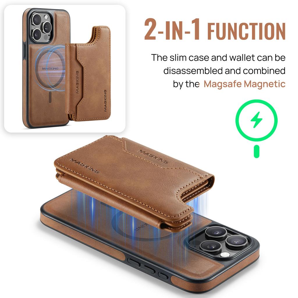 MAGKING K3 Series For iPhone 15 Pro Case Compatible with MagSafe Wallet PC+TPU+PU Phone Cover