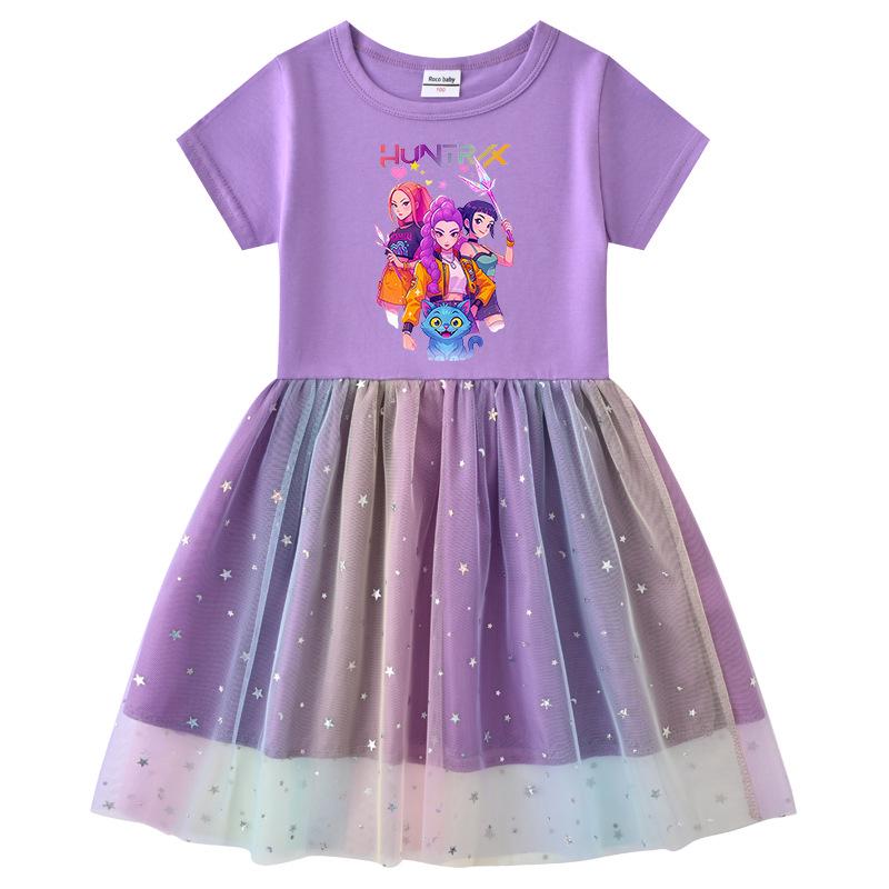 Kids' Kpop Demon Slayer Rainbow Sequins Princess Dress - Short Sleeve Summer & Long Sleeve Spring/Autumn