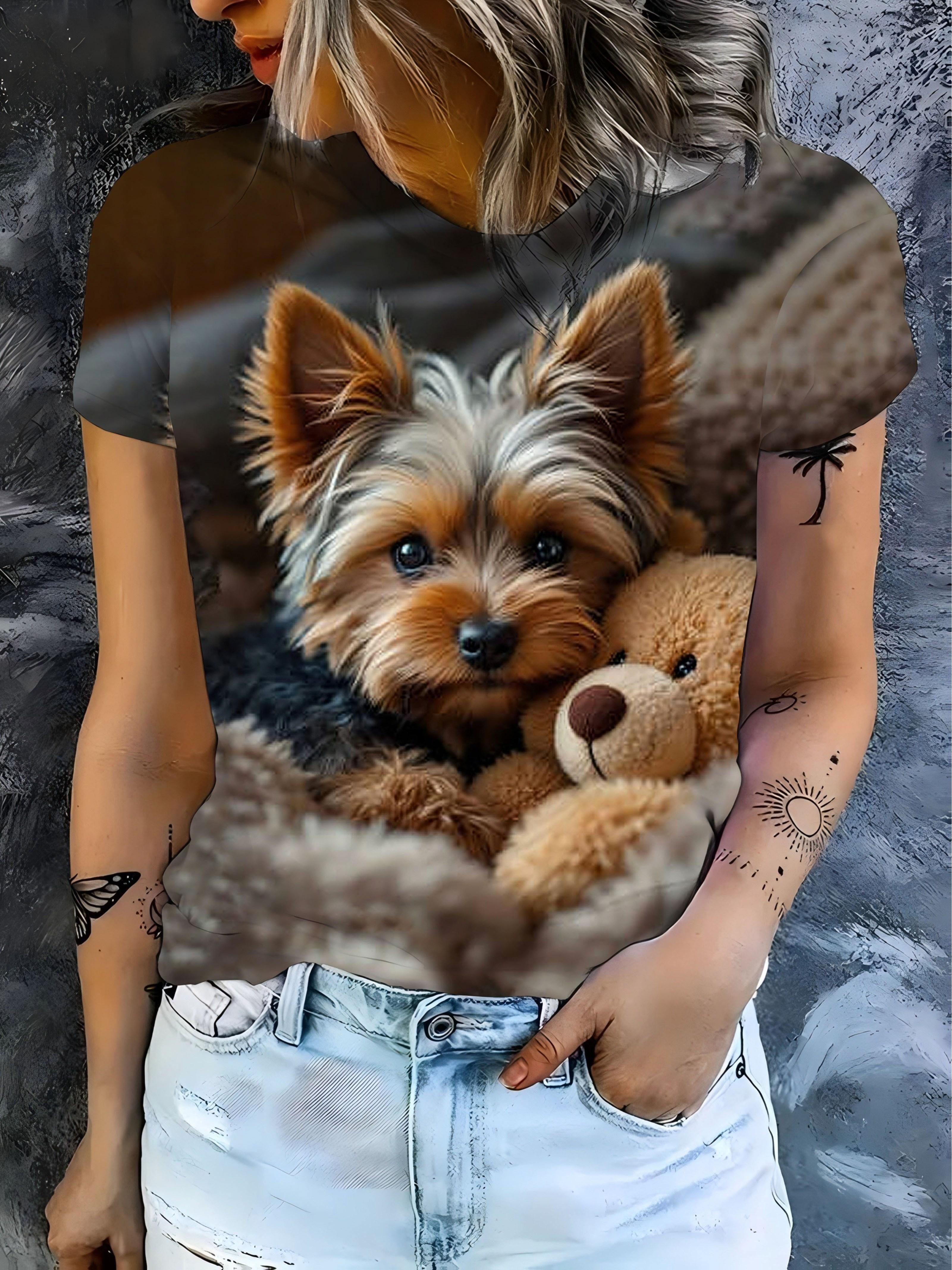 

[Printed Design-Not Textured]The Embrace of a Sweet And Cute Yorkshire Puppy And a Plush Teddy Bear a Daily Fashion T-Design in a Gentle. Cute Pet Sty S дубильная кора