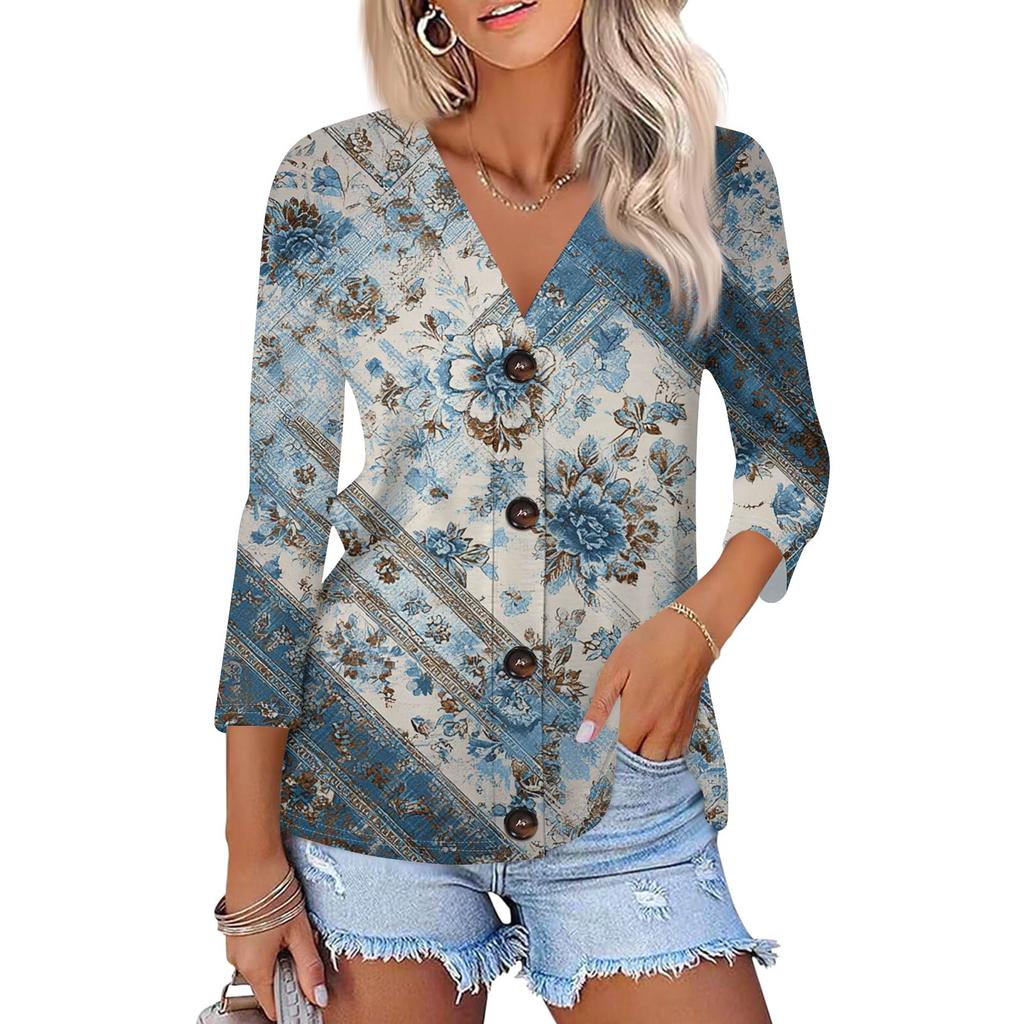 Women's Fashion Casual Print Button-down Shirt 3/4 Long Sleeve Tops