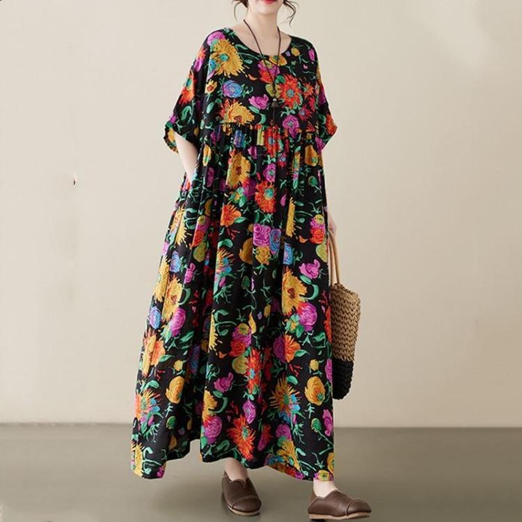 Vintage Květinové Bavlněné Letní Šaty Plus Size pro Ženy Ležérní Volné Dlouhé Krátký Rukáv Nové v Šatech