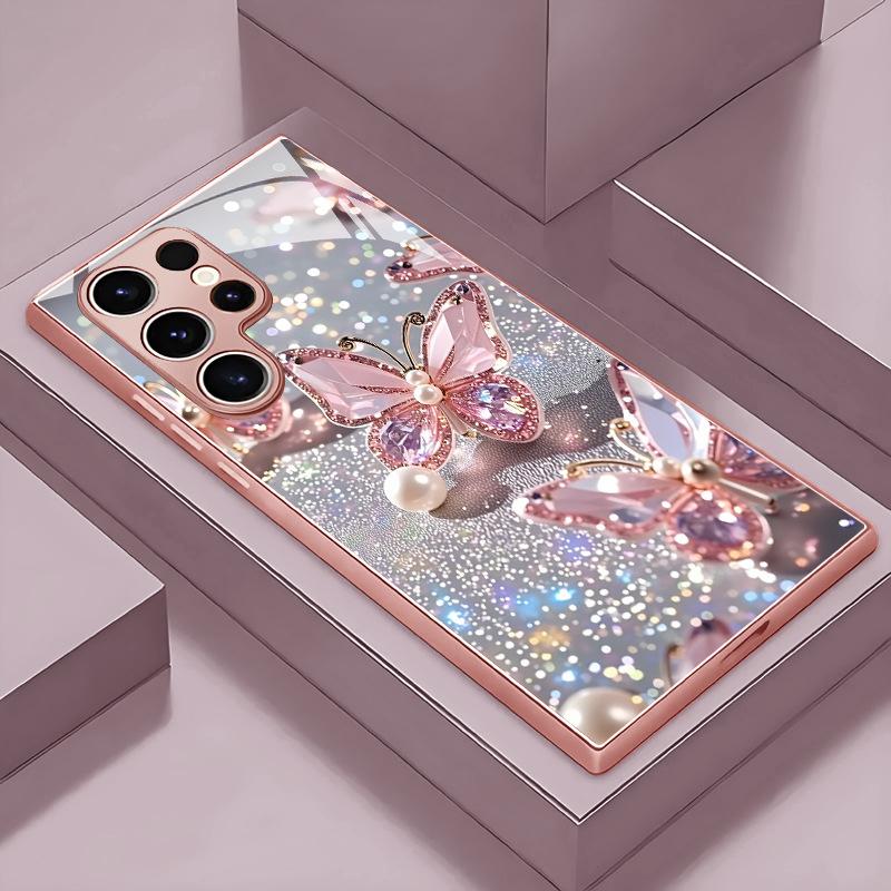 Sparkling Diamond Pearl Butterfly Glass Phone Case Suitable for Samsung Galaxy S26 S25 S24 S22 S21 S20 FE Ultra Plus Anti Drop