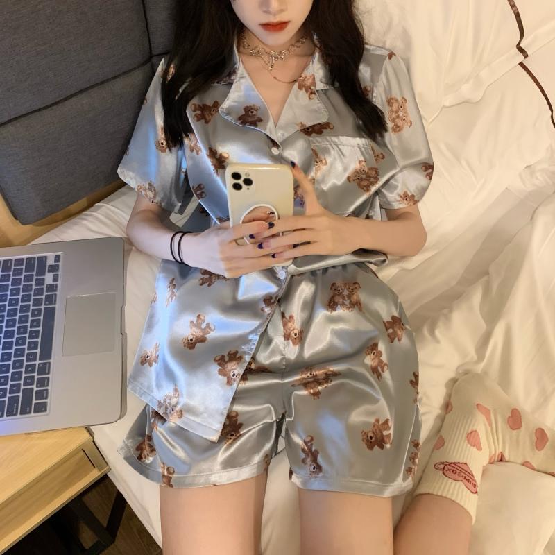Summer Pajamas Women'S Short-Sleeved Shorts Lapel Cardigan Silk Loungewear Set Full Of Bear Models