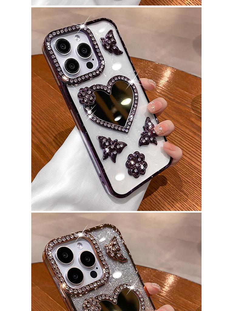Applicable iPhone 17 Pro Max Glitter Rhinestone Heart Mirror Case - Compatible with iPhone 16/15, Glitter Protective Cover
