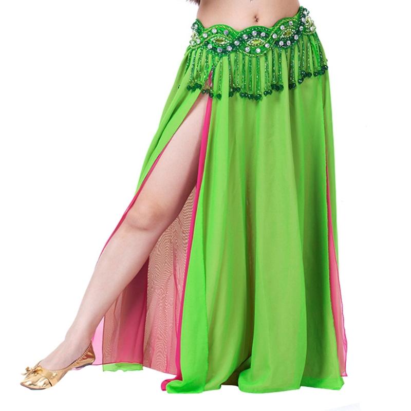 Belly Dance Skirt Double Slits Dance Training Dress Chiffon Long Skirt for Professional and Beginner