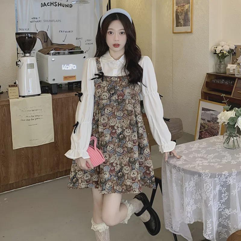 Women's Bowknot Long Sleeve Shirt & Bear Overalls Two-Piece Dress Set