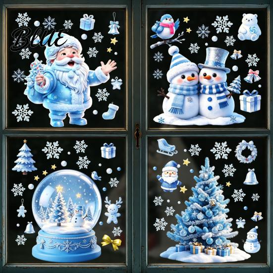 Blue Christmas Theme Decor Snowflakes Santa Static Sticker Waterproof PVC Window Reusable Holiday Scenes Decal Decorative Removable Cling for Party
