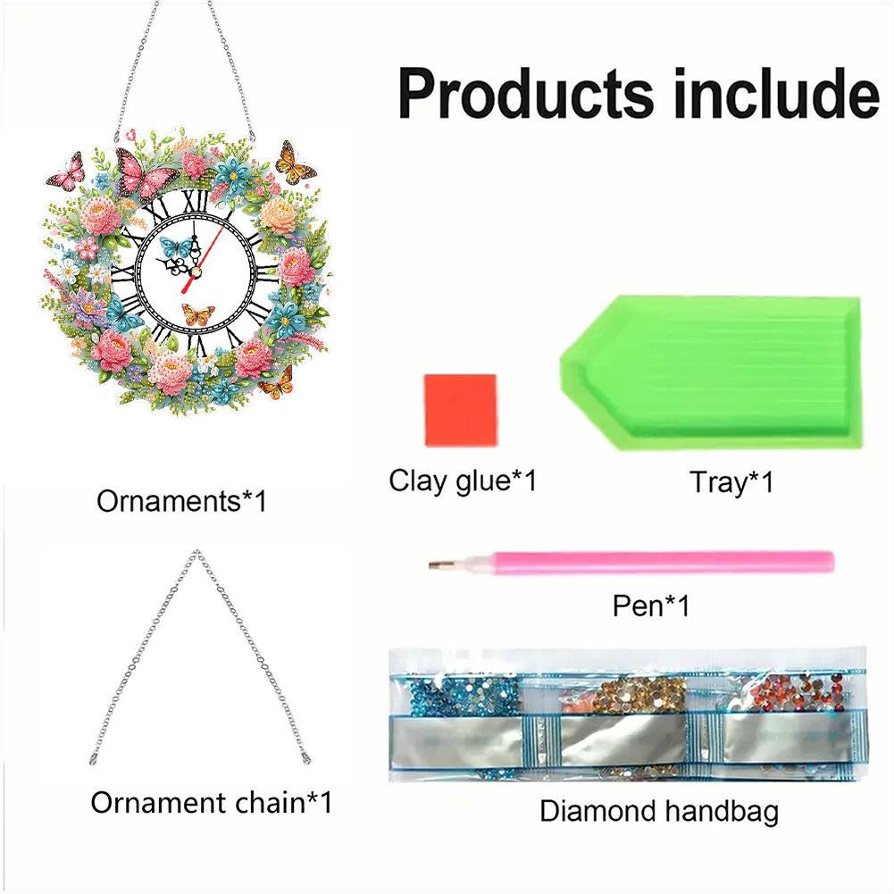 2D Flat DIY Wreath Irregular Shaped Drilling Diamond Painting Clock Pendant 5D Hanging Clock Art Craft for Home Decoration