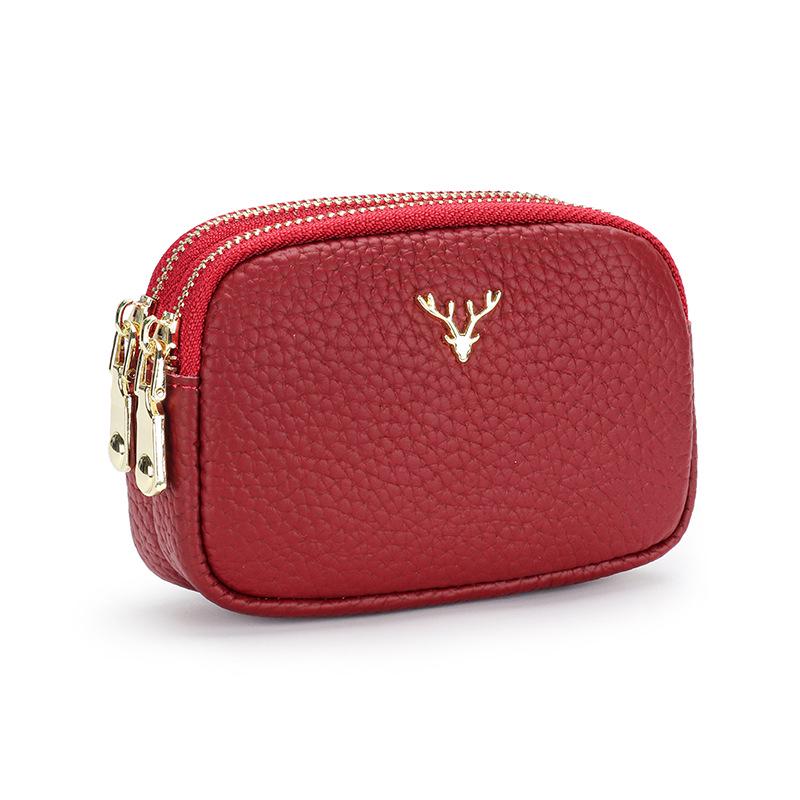 

Женский мини-кошелек из натуральной кожи с двумя молниями для монет и наушников вино красного