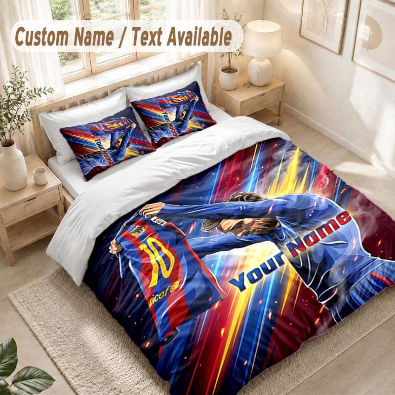 Custom Name Bedding Set 3 PiecesLionel Messi Print Duvet Cover + 2 Pillowcases Soft Bed Decor