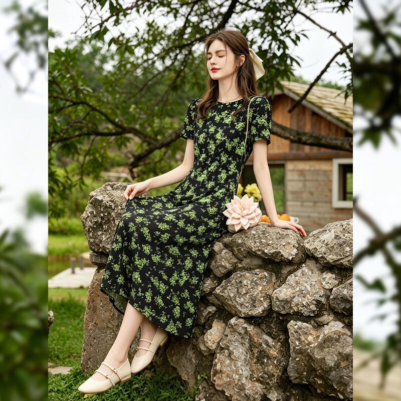 French Retro Floral Print Maxi Dress