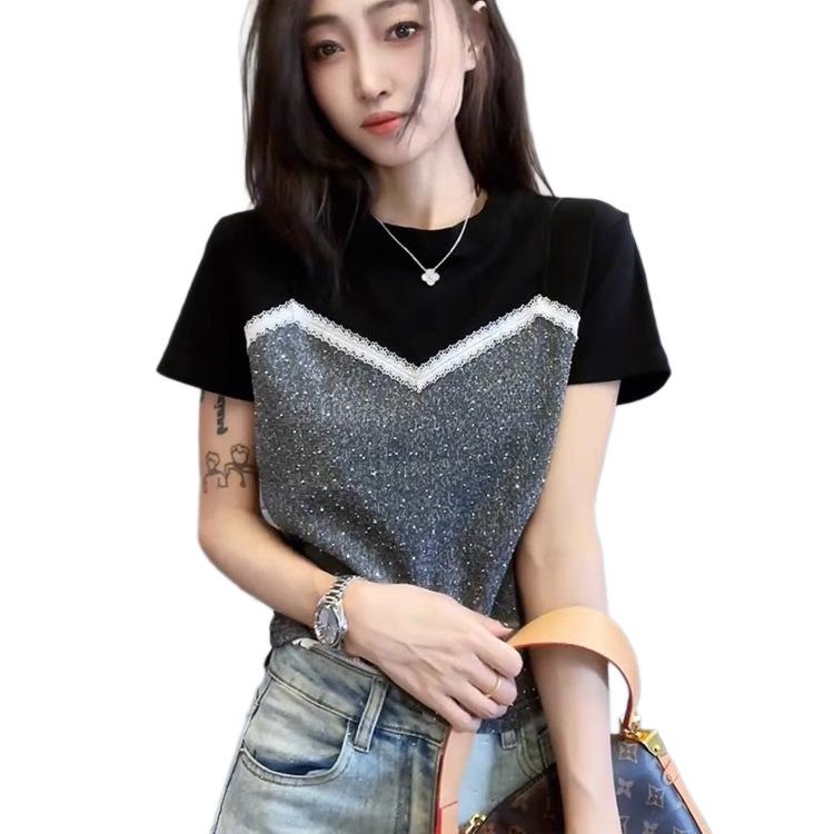 2026 Summer Women's Casual Sequin Patchwork Round Neck T-shirt