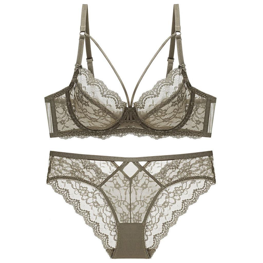 Sexy French Lace Underwear Women's Gathering Front Cross Adjustment Thin Large Breast Small Large Size Bra Set