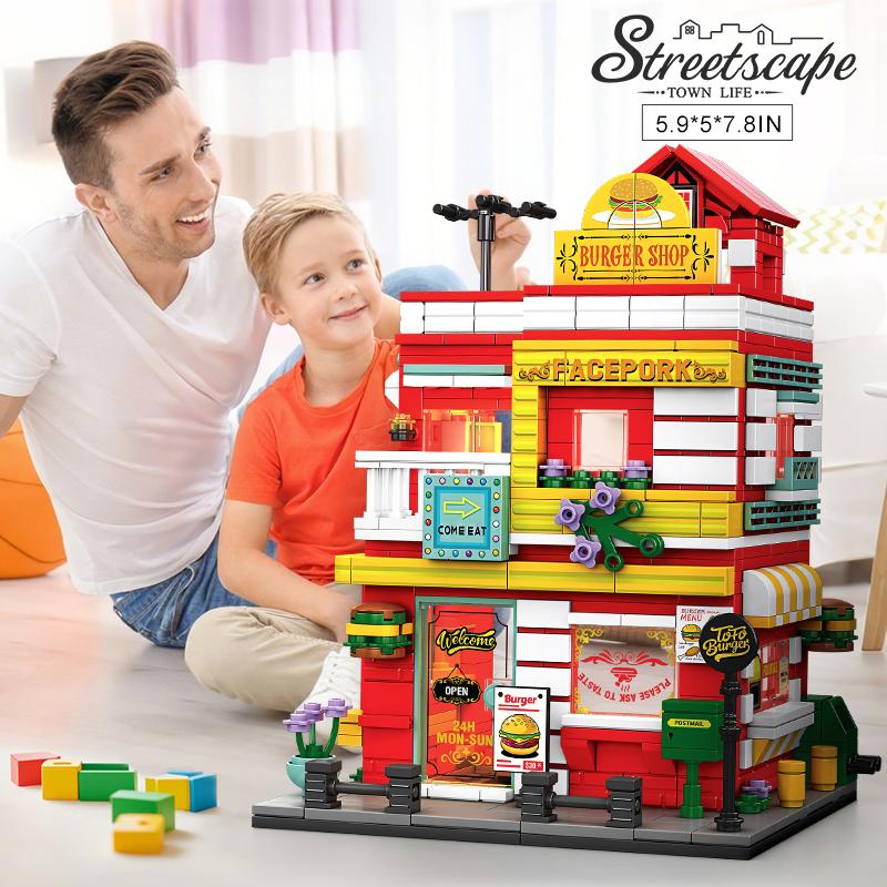 Stadt Bausteine Street View Burgerladen Blockhaus Laden Bauset Desktop Deko Kinder DIY Spielzeug Weihnachts- Geburtstagsgeschenk