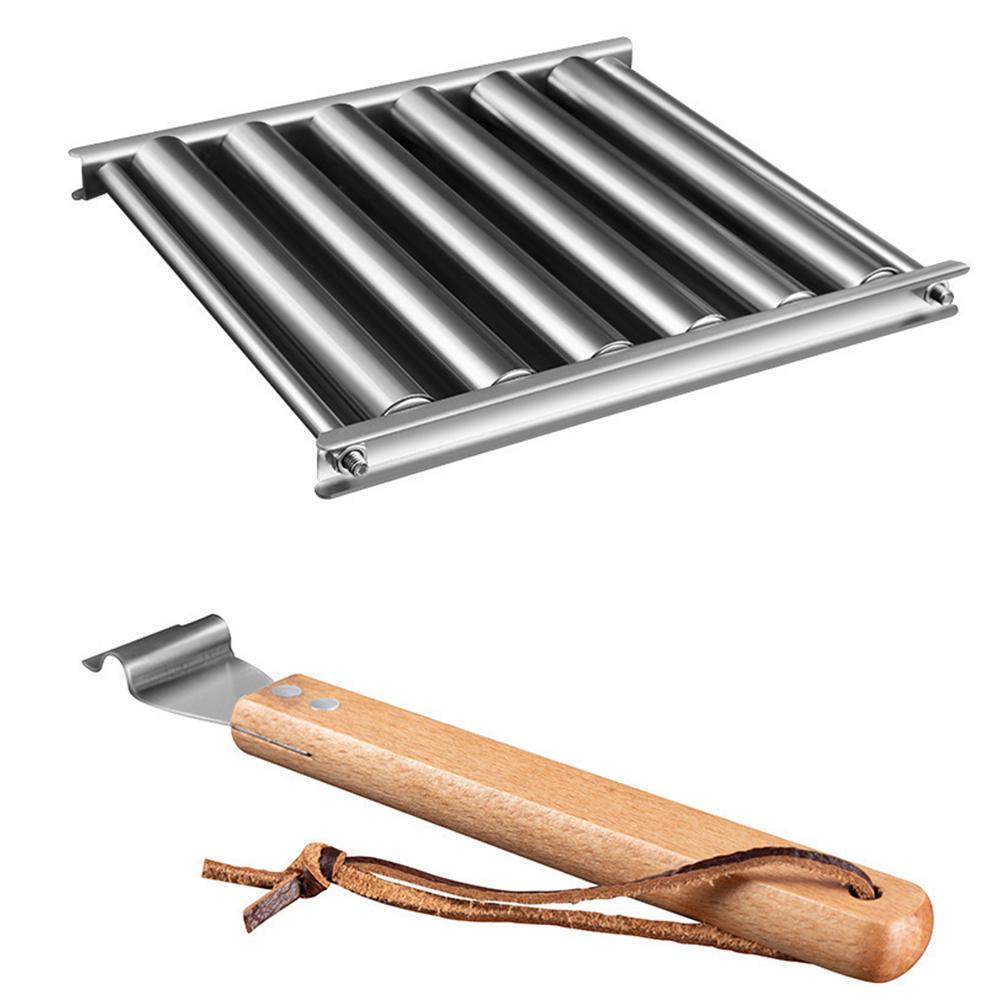 Stainless Steel Hot Dog Roller with Long Wood Handle Sausage Roller Rack BBQ Griller for Outdoor Cooking Barbecue