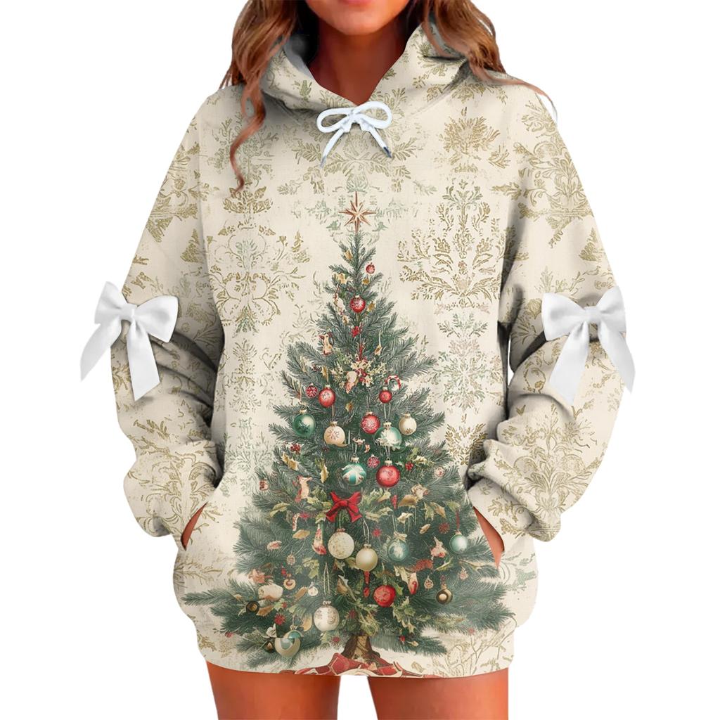 Ladies' Christmas Printed Bow Long Sleeved Loose Fitting Headband With Rope Hooded Sweatshirt Top