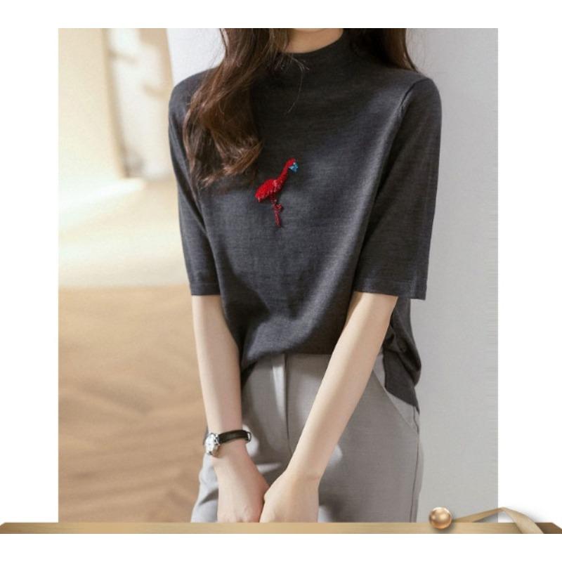 

Women s Half High Neck Knitted Sweater Short Sleeved T-shirt Top S серый
