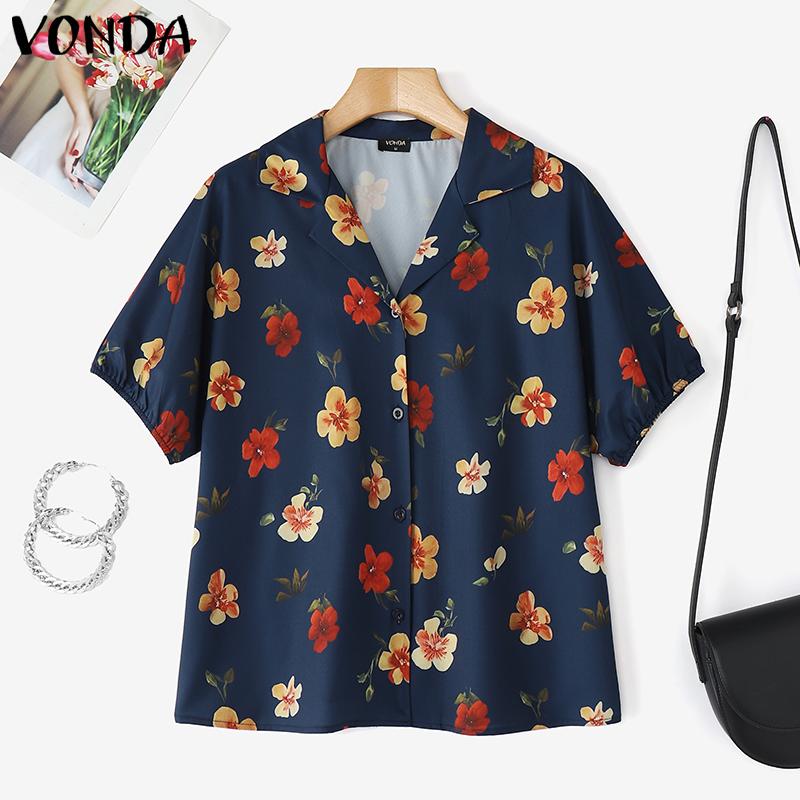 VONDA Summer Vintage Women V Neck Short Sleeve Floral Print Holiday Casual Blouse