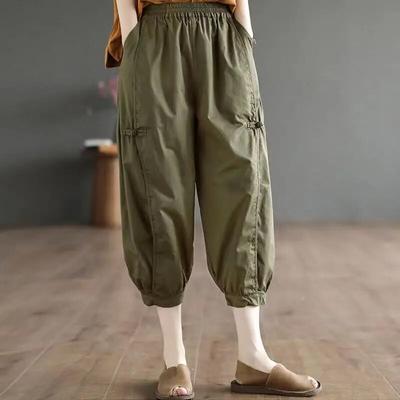 Cotton Seven Points Fashion Bloomers Trousers for Women Summer Thin Elastic High Waist Solid Color Pockets Casual Harem Pants