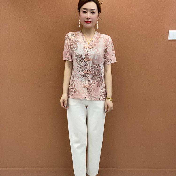 

2026 Summer Elegant V-neck Short-sleeve T-shirt: Chinese National Style for Mature & Elderly Fashion 5XL (145-160 jin)