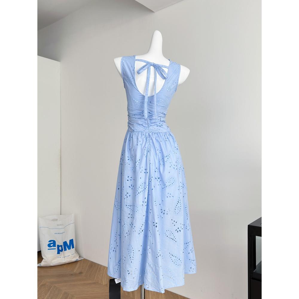 Summer Blue Sleeveless Unique and Beautiful Waist Pinch Dress Women's Summer Temperament Lace Splicing Hollow Dress