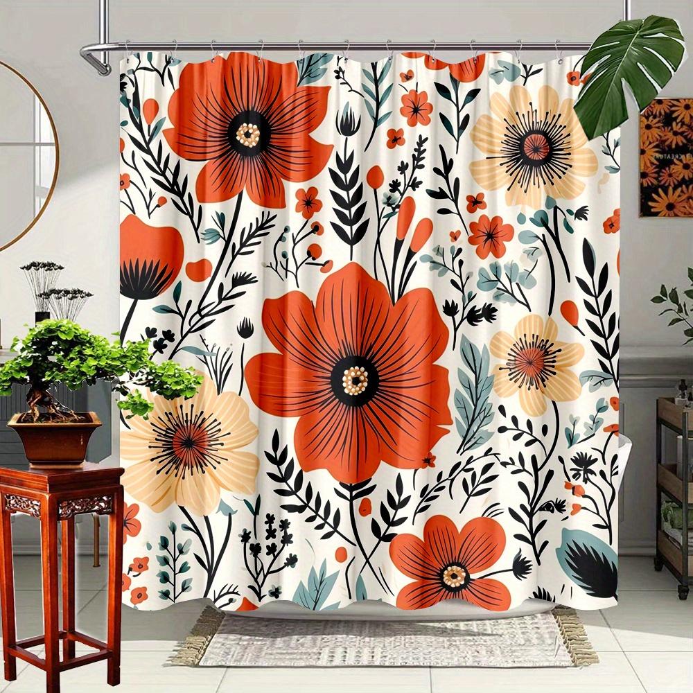 

Bold Floral Shower Curtain – Vibrant Red & Orange Poppies With Yellow Accents On Cream, Modern Botanical Print, Waterproof W60H190(CM)-1 Pcs