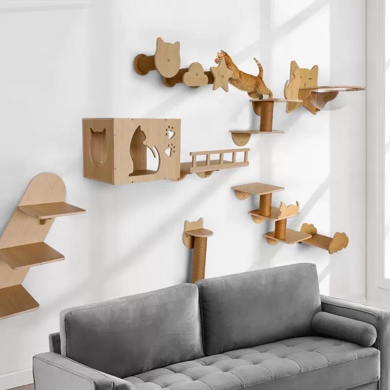 Katzenbaum Wandmontiert Kletterschränke Holz Hängematte mit Leiter und Katzenbrücke für Katzenstange Schlafendes Haustier Indoor Spielplatz