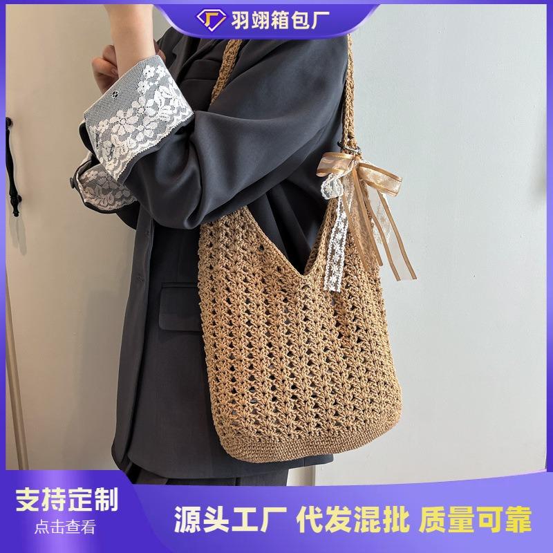 Summer Hollow Woven Shoulder Messenger Bag Women's New Seaside Vacation Beach Bag Knitted Tote Bag