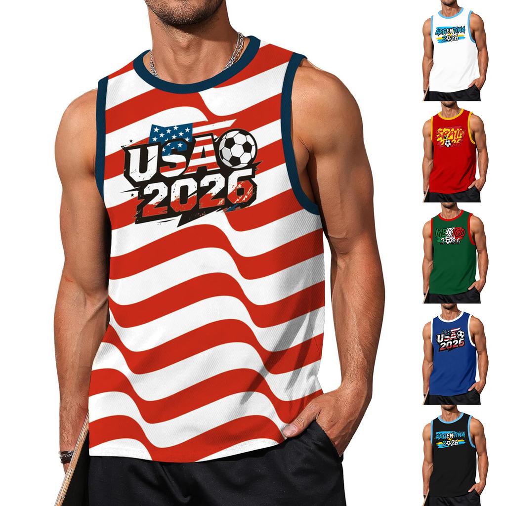 Men’s Sleeveless Crew Neck Tank Top with Soccer Print and USA 2026 Lettering for Outdoor Sports and Casual Wear