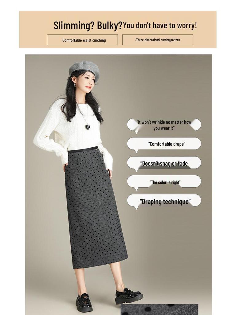 2025 Korean Grey Polka Dot Wool A-Line Skirt: Women's Autumn/Winter Straight Cut, Mid-Length with Back Slit