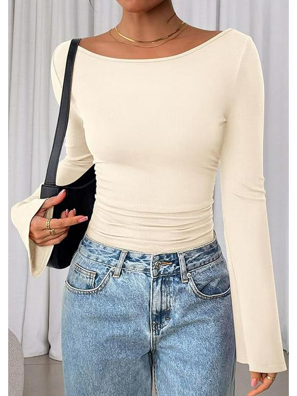 2025 Herbst Slim Fit Damen U-Boot-Ausschnitt Glockenärmel Gerafftes Oberteil - Einfarbig, Langarm