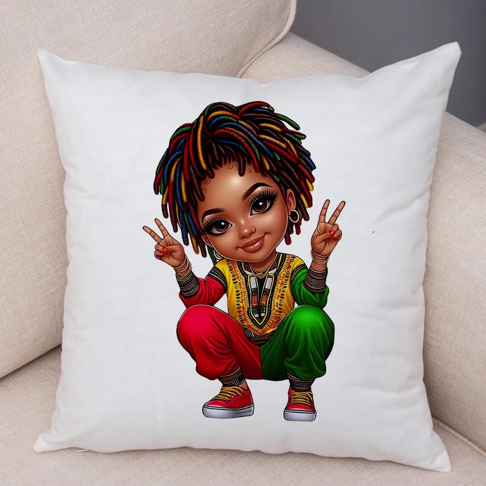 Fashion Cartoon African Girl Pillow Case Soft Plush Cushion Cover for Sofa Home Decor Cute Black Women Throw Pillowcase