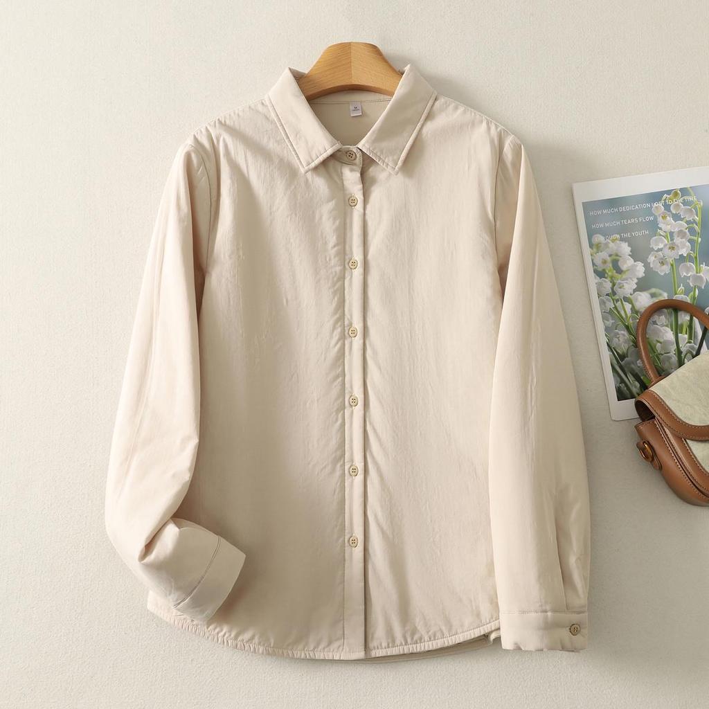 Women's Solid Color Cotton-Padded Shirt Jacket with Pointed Collar - Autumn/Winter Warm Top 86551