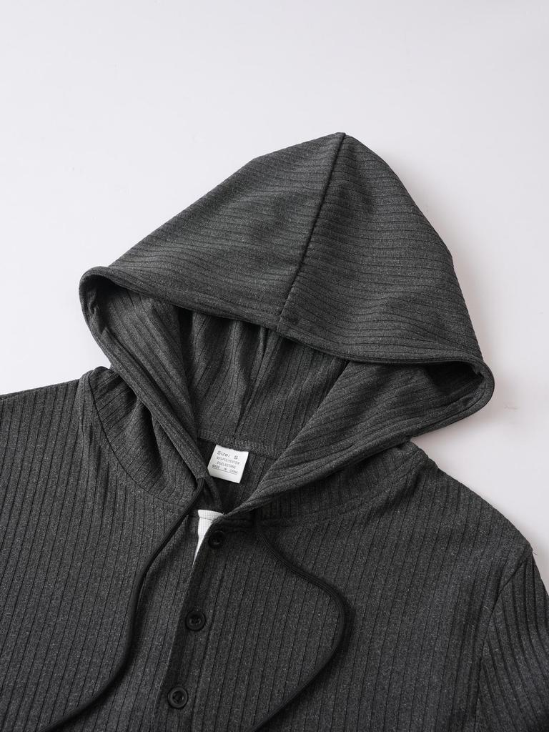 Men's Autumn/Winter Casual Hooded Long Sleeve Pullover with Drawstring and Button
