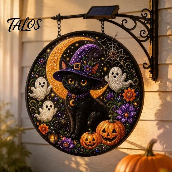 Creative Halloween Gift for Home Solar Powered Hanging Light, Skull Witch Black Cat Cemetery Zombie Design LED Light Ghost Pumpkin Lanterns