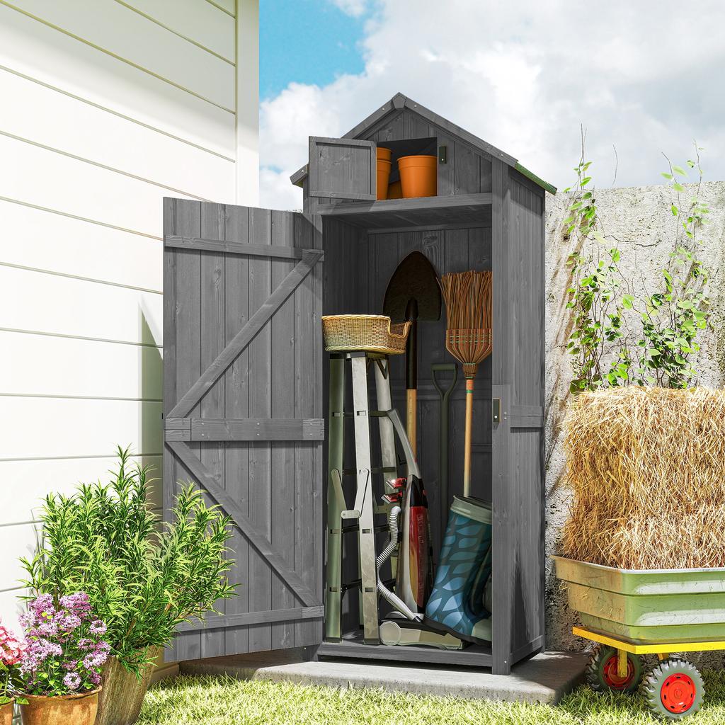 Wooden Garden Shed, Utility Outdoor Small Shed with Lockable Double Doors, Shelves and Roof Hatch, Grey