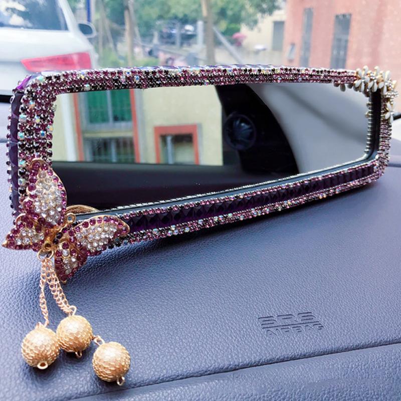 Pink Rhinestone Car Interior Rearview Mirror Cute Butterfly Wind Chimes Ornament Decorative Cover Rear Mirror Accessories Women