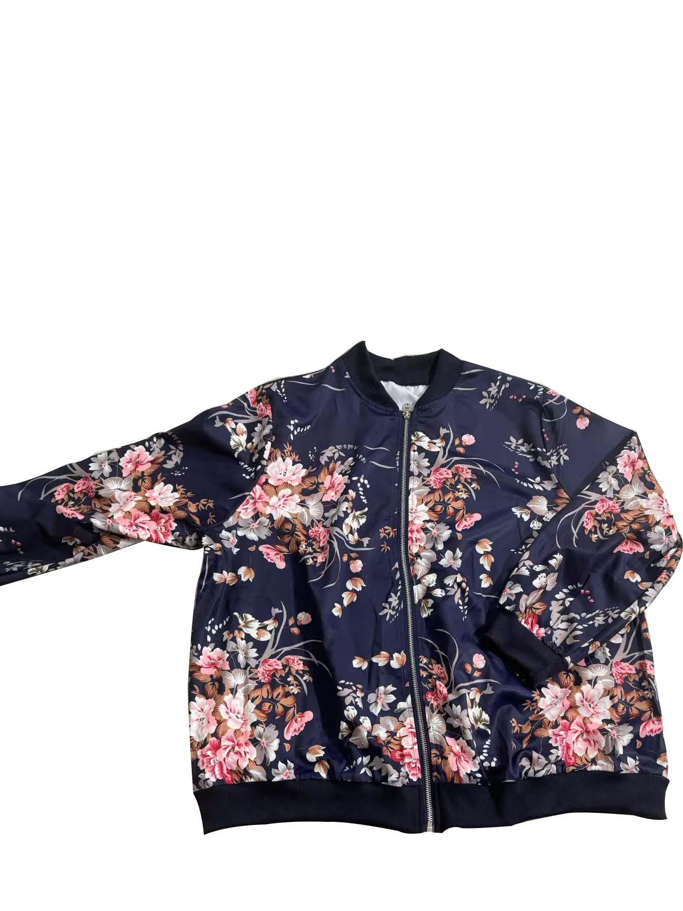 

Elegant Floral Zippered Long Sleeve Baseball Collar Jacket - Plus Size for Autumn & Winter 1XL темно-синього кольору