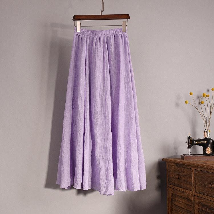 Women Summer Solid Vintage Pleated Long Skirts Ladies Elastic Waist Beach A-Line Skirt