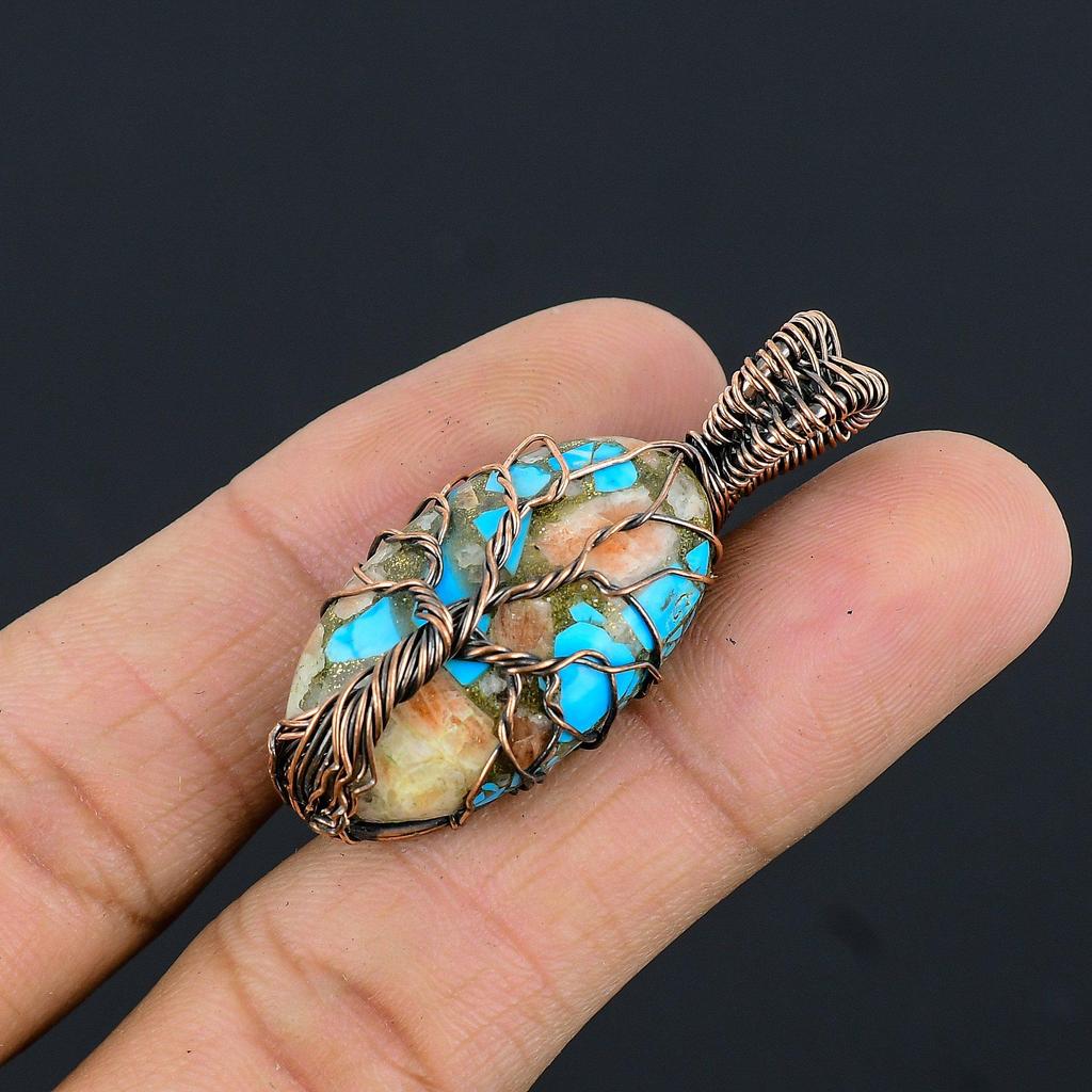 Blue Copper Turquoise Pendant, 999 Copper Wire Wrapped Pendant Handmade Gemstone Jewelry, Gifts For Wife Brand New Pendant